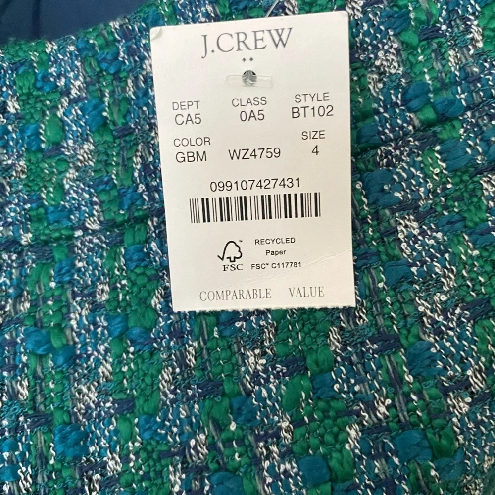 NWT J. CREW Green and Blue Tweed A-line Skirt Size 4